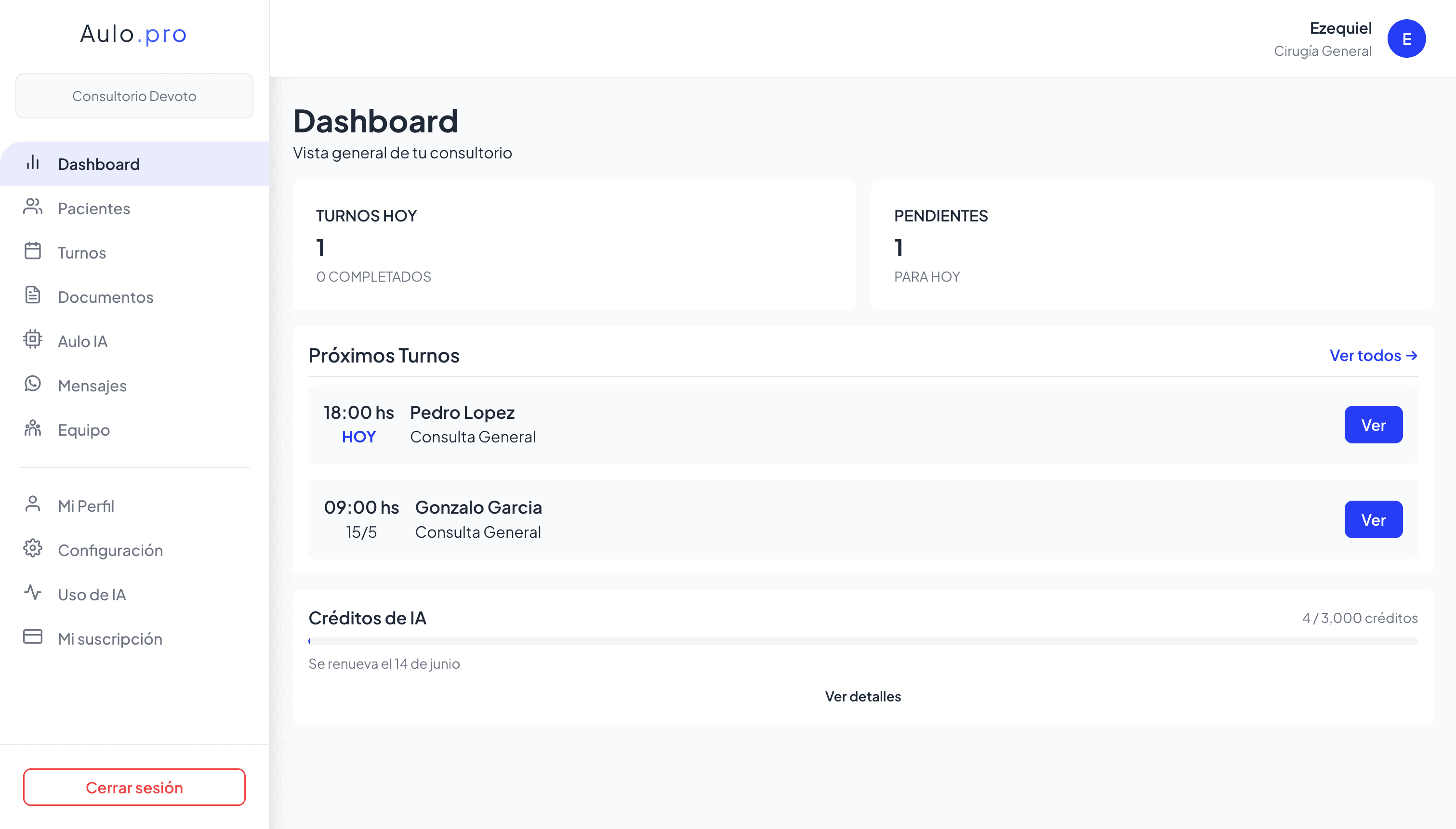 Dashboard de Aulo mostrando agenda, pacientes e historia clínica